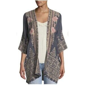 Johnny Was Sz XS Helena Kimono Gray/Graphite Embroidered Open Front Pockets $320